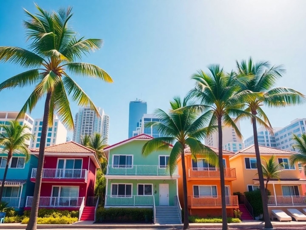 Colorful Miami rentals with skyline and palm trees.