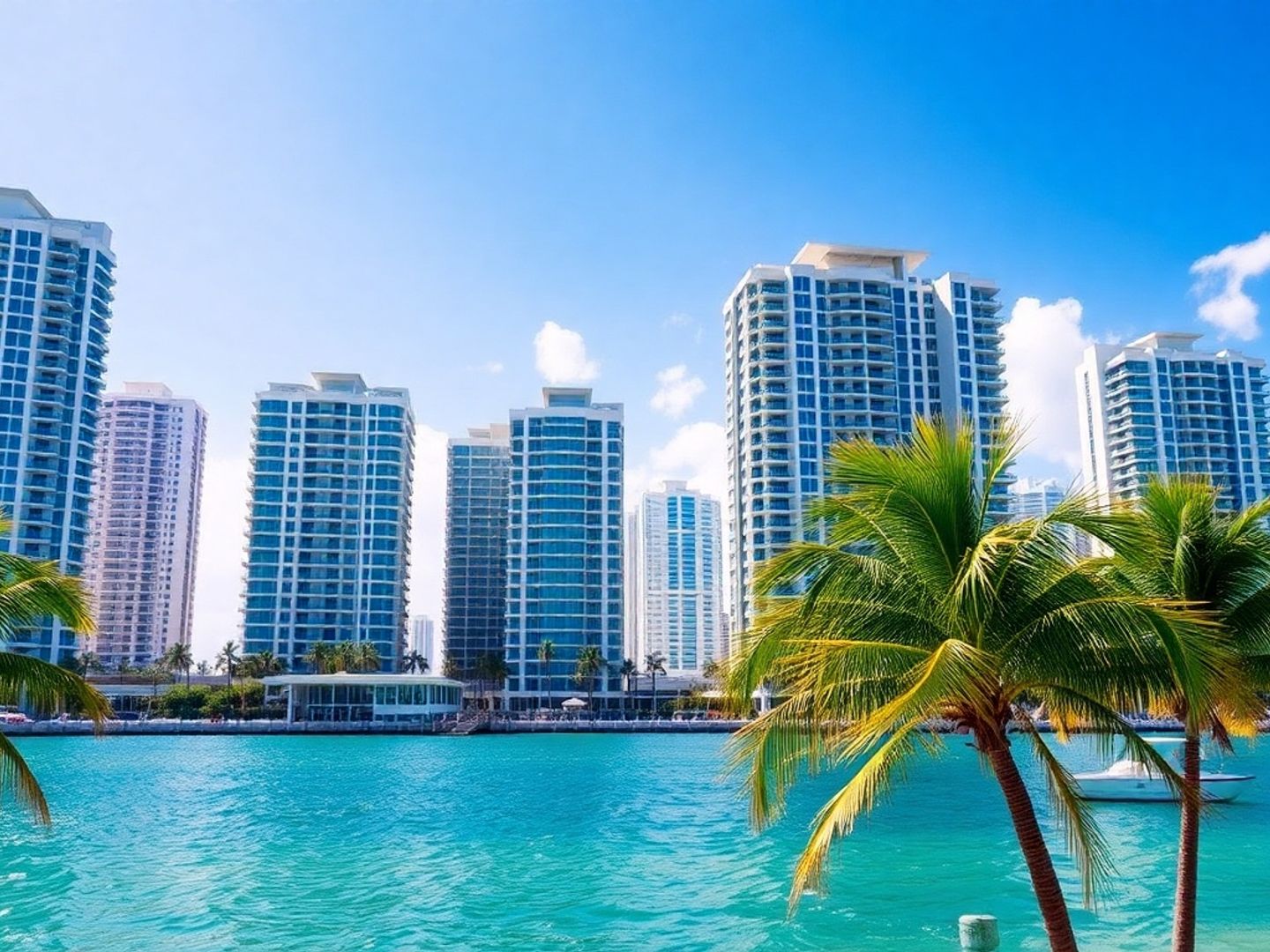 Miami skyline with luxury condos and palm trees.