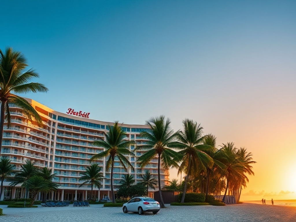 Luxurious Miami hotel with beach and sunset view.