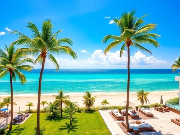 Luxurious beachfront house in Miami with ocean view and palm trees.