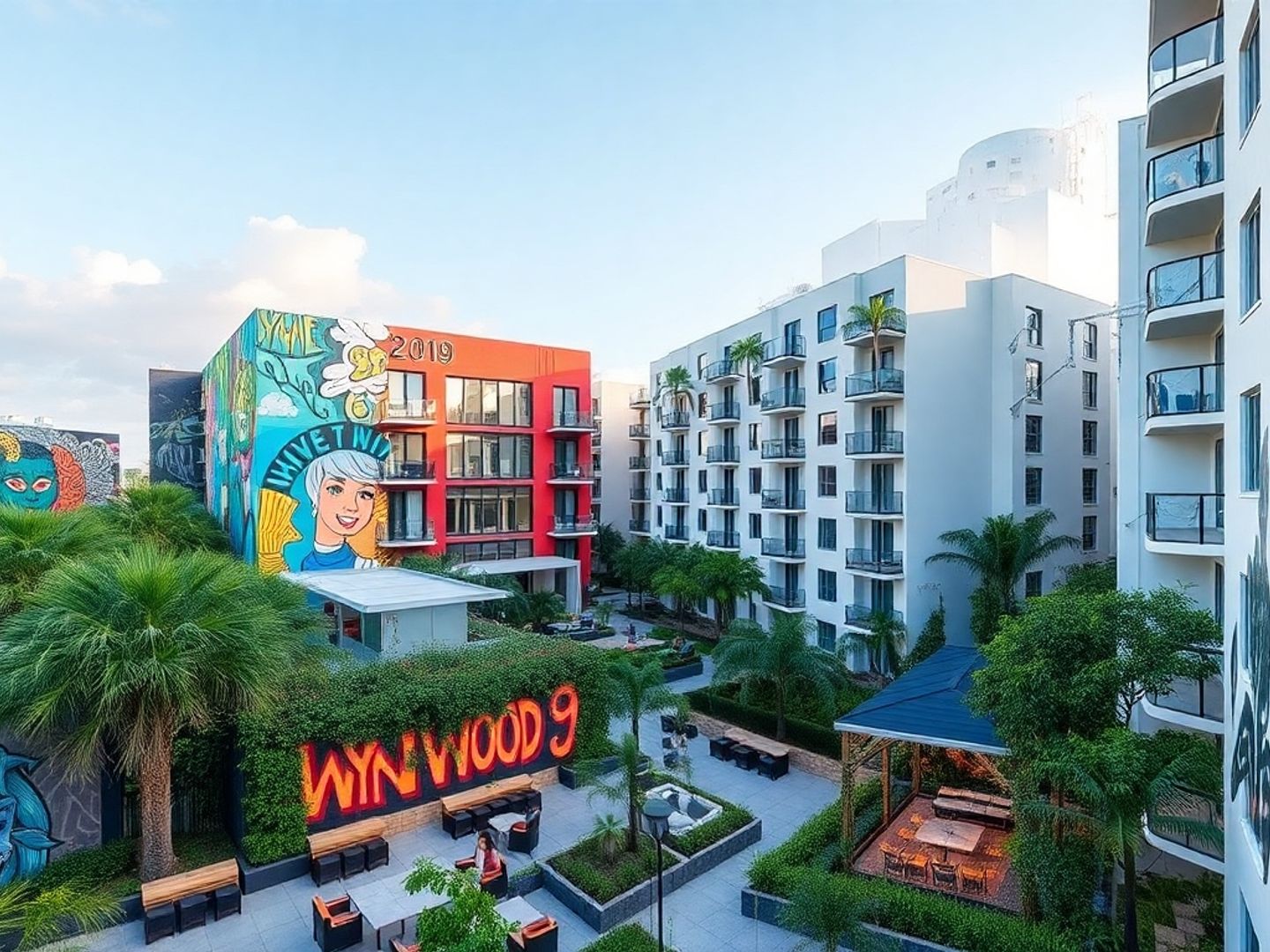 Luxury apartments with vibrant street art in Wynwood.