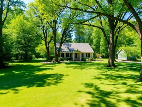 Spacious 1 acre home with green lawns and trees.
