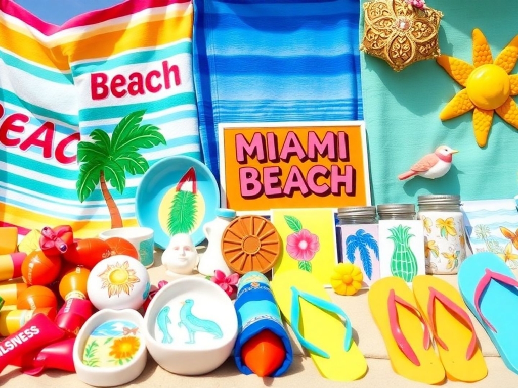 Colorful Miami Beach souvenirs on a sunny background.