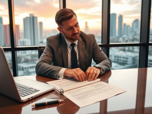 Realtor studying a commercial contract in a bright office.