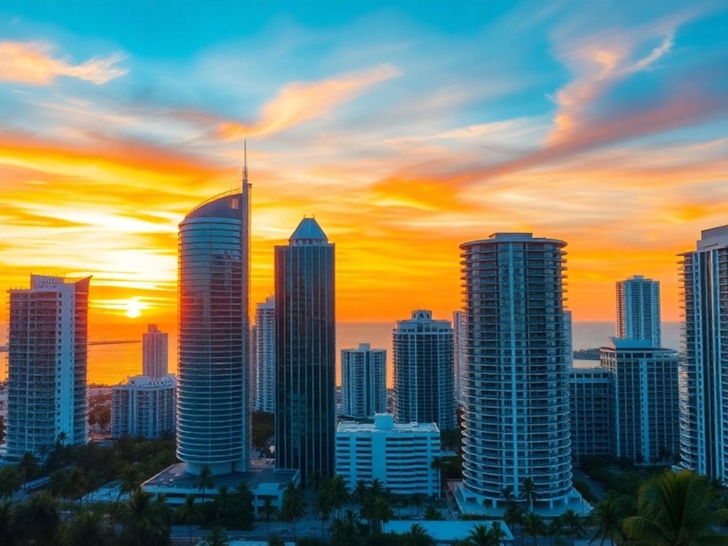 Miami skyline with iconic towers at sunset.