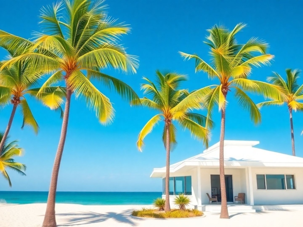 Florida beach house with palm trees and blue sky.