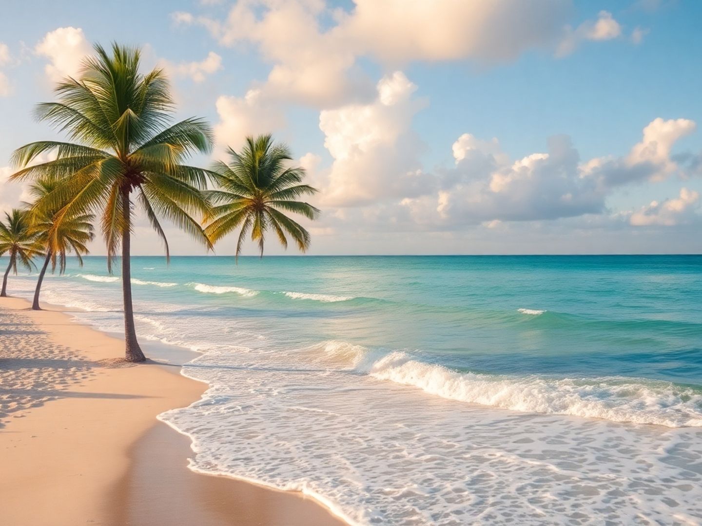 Relaxing Miami beach with sun loungers and palm trees.