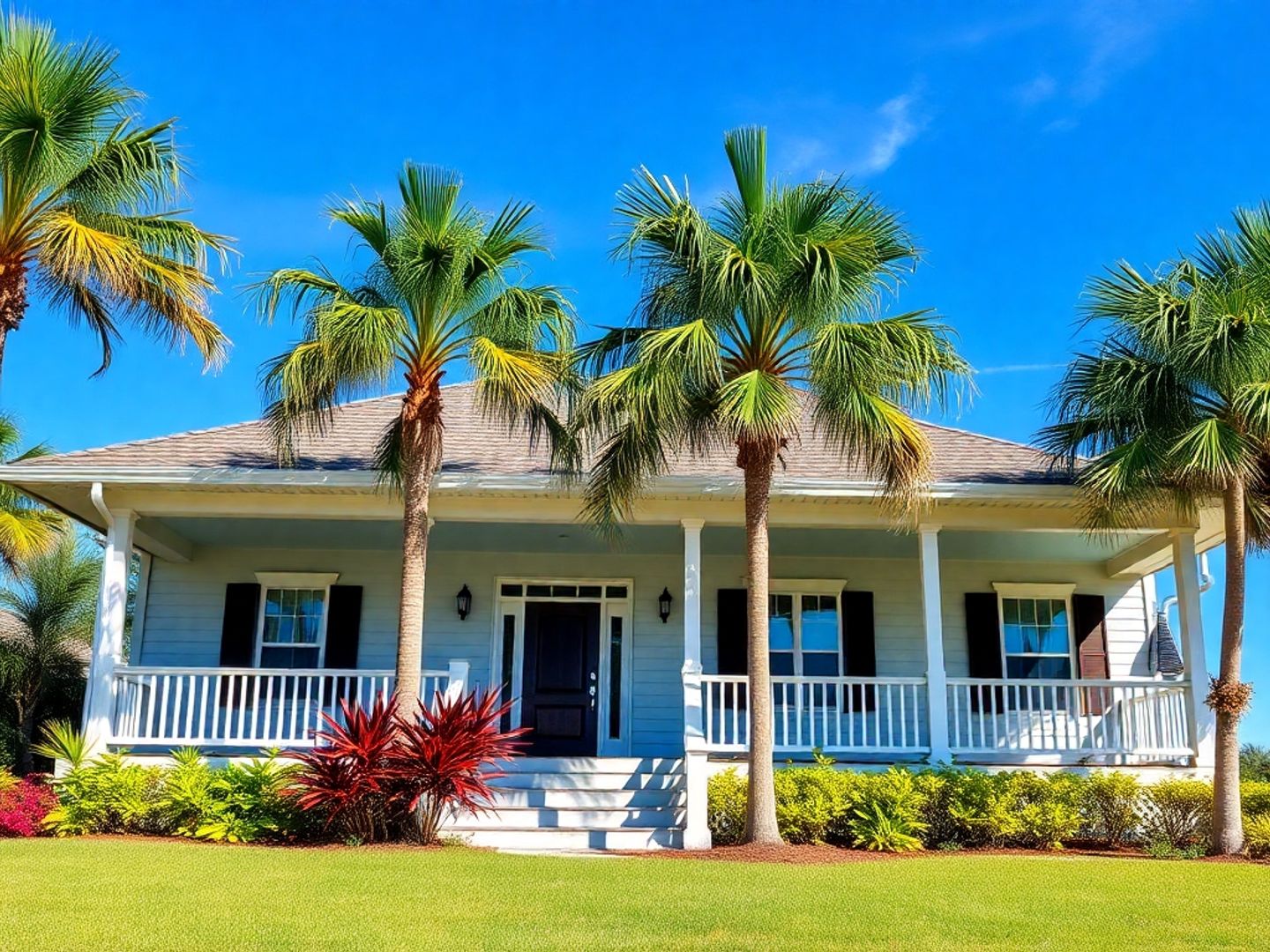 Florida home with palm trees and bright blue sky.
