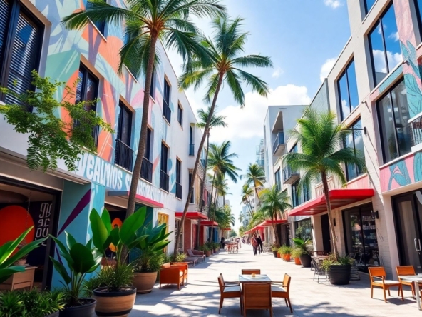 Colorful, modern buildings in Wynwood, Miami, with murals.