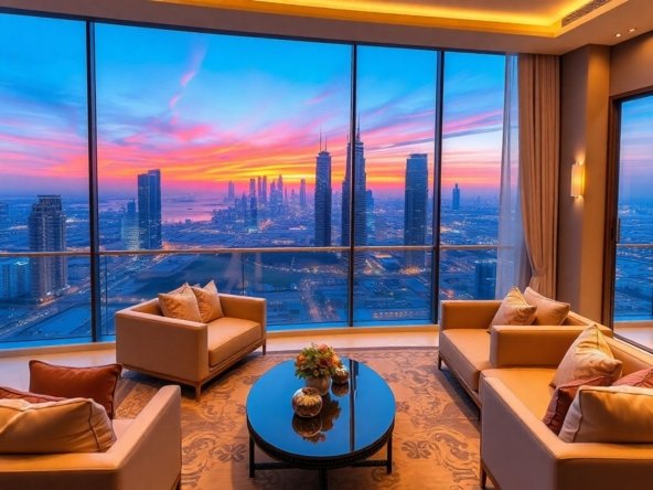 Luxurious Dubai apartment with skyline view and modern decor.