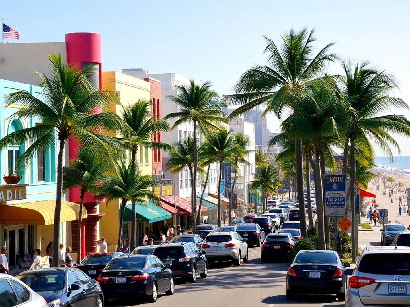 Colorful South Beach Miami with parked cars and palm trees.