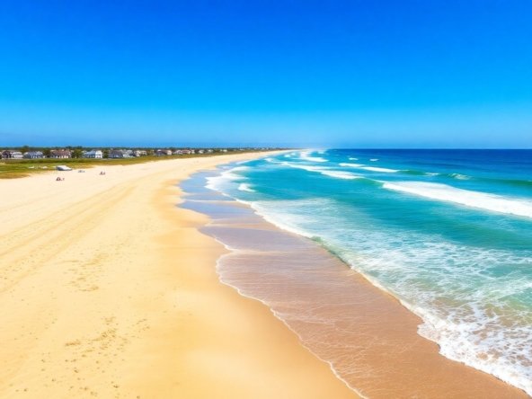 Coastal view of Surfside Beach, South Carolina homes and ocean.