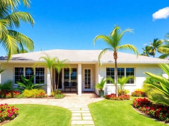 Miami rental home with tropical landscaping and sunny patio.