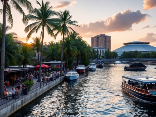 Vibrant Miami Riverside Center with palm trees and people.