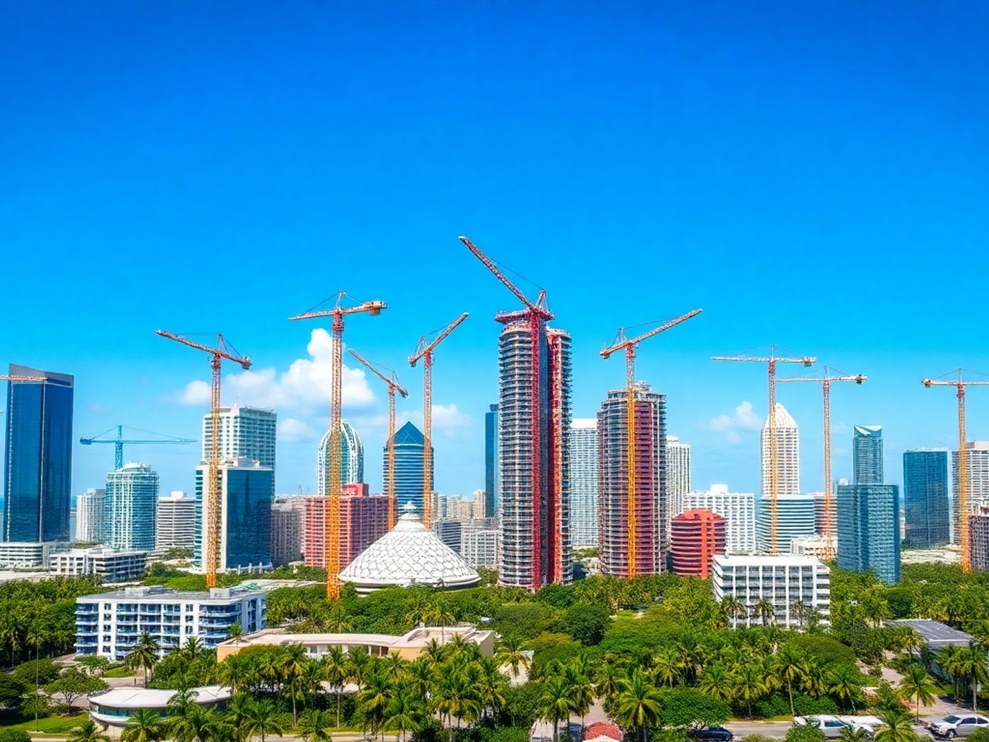 Miami skyline with cranes and new construction projects.