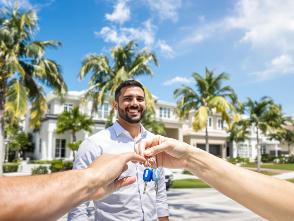 Florida real estate agent giving keys to happy homebuyers