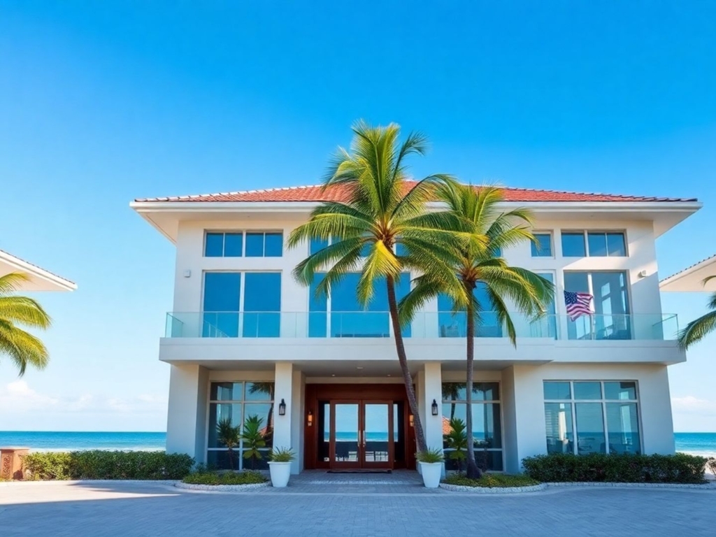 Florida beachfront property with palm trees and clear sky.