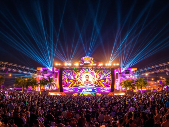 Crowds dancing at a colorful Miami music festival