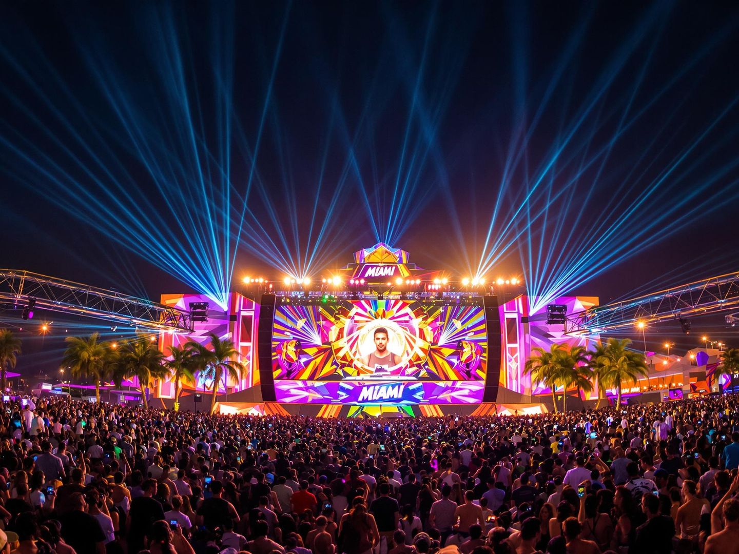 Crowds dancing at a colorful Miami music festival