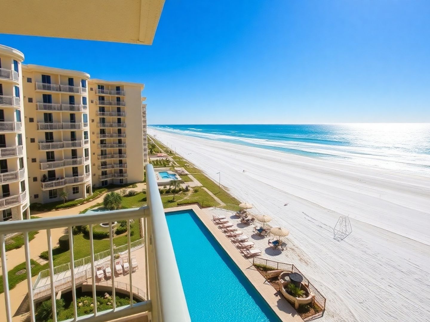 Beachfront condo with blue waters and sandy shore.