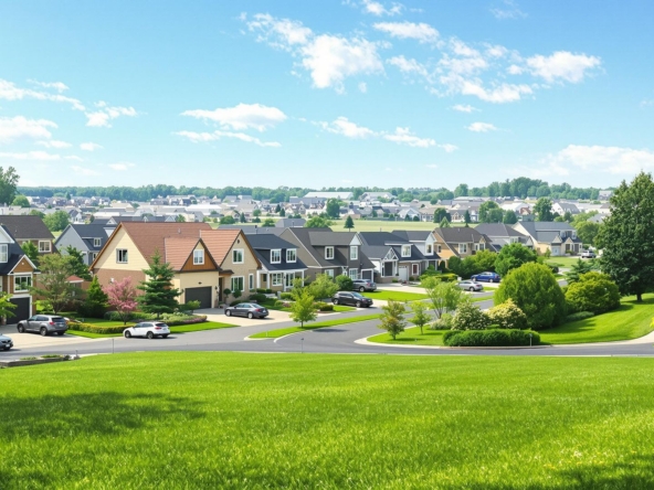 Modern suburban homes with lawns under a bright blue sky