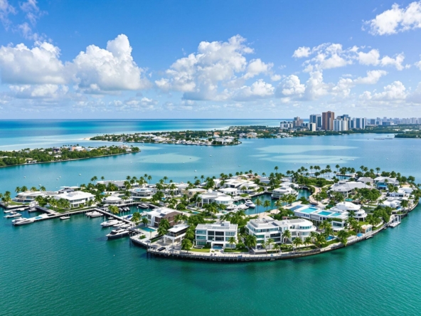 Star Island mansions with yachts and palm trees aerial view.