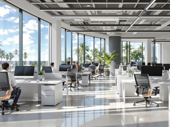 Modern Florida real estate office with agents and palm trees.