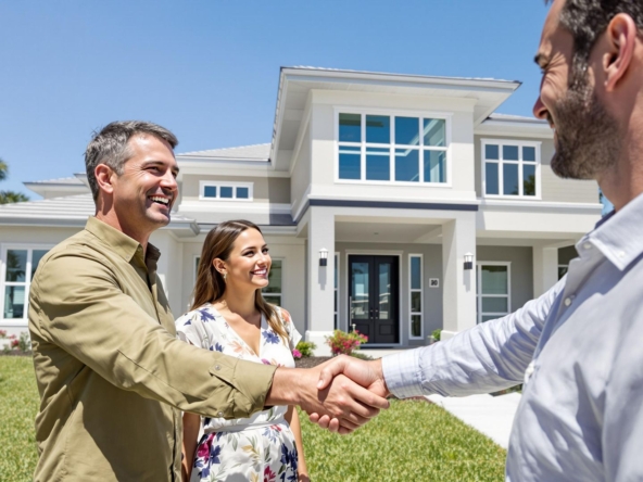 Agent shaking hands with new homeowner.