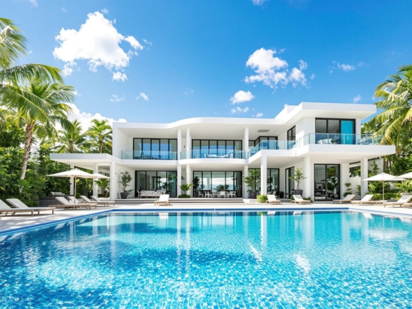 Luxury Miami villa, private pool, palm trees, blue sky.
