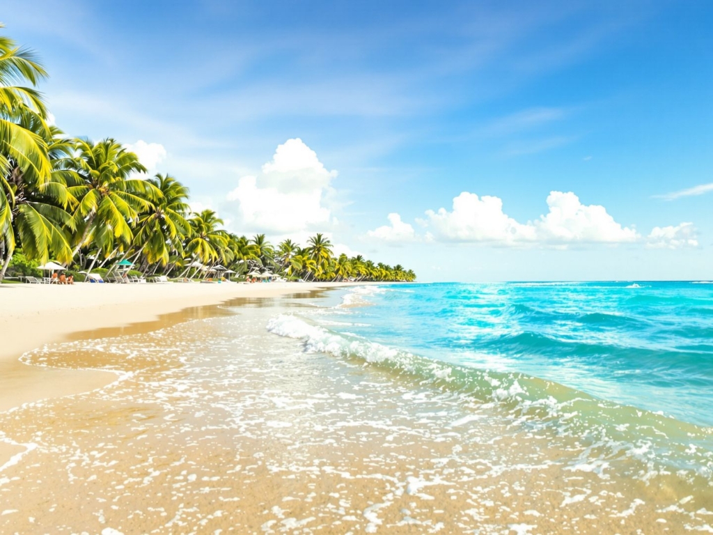 Serene beach with calm turquoise water and palm trees.