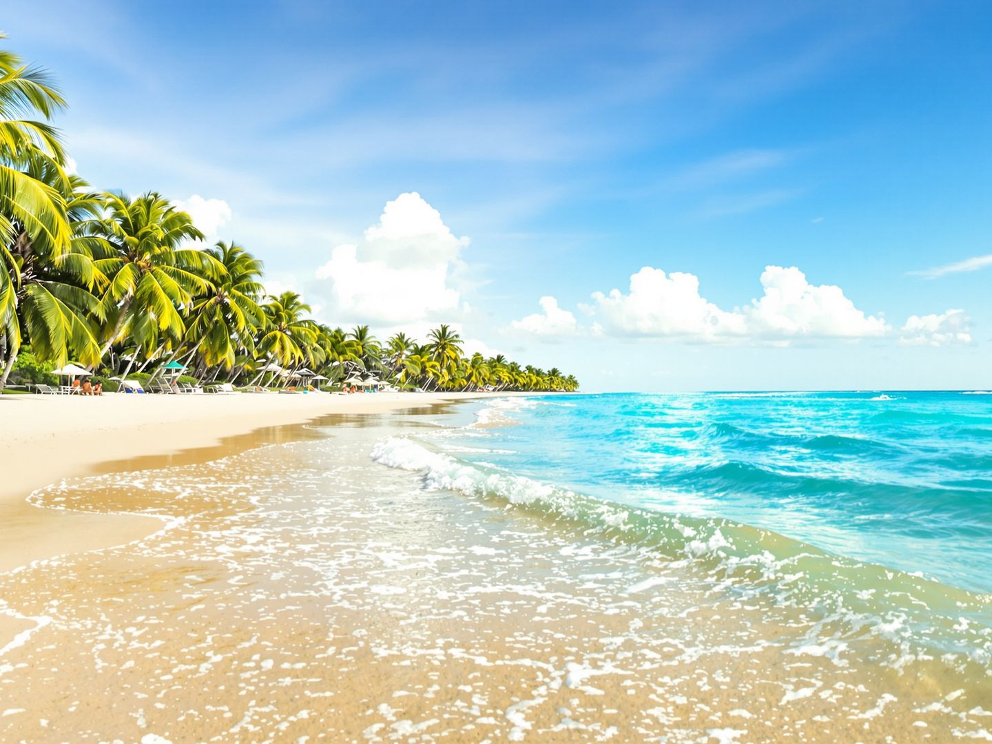 Serene beach with calm turquoise water and palm trees.