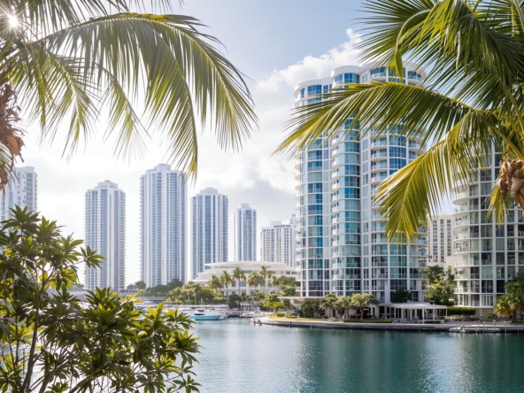 Miami skyline with luxury Brickell condos overlooking the bay.