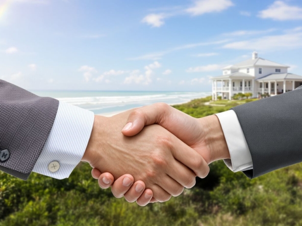 Florida coastline with handshake and house.