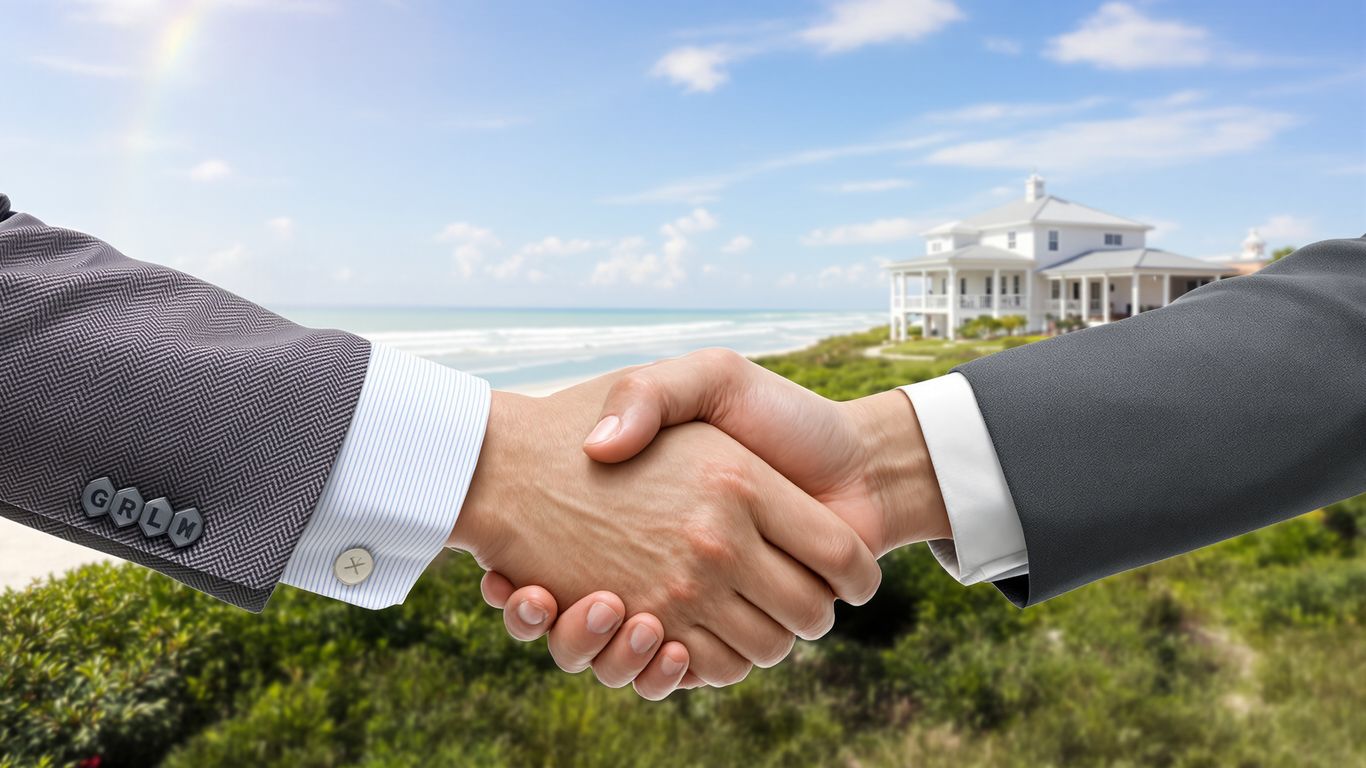 Florida coastline with handshake and house.