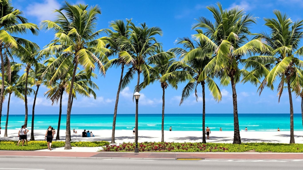 Miami Beach Boardwalk with palm trees, ocean, and sandy beach.