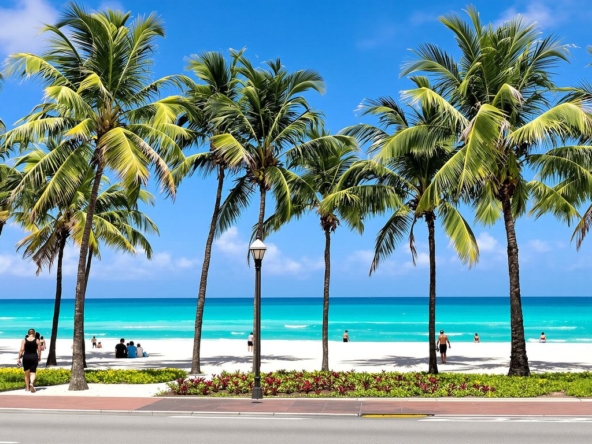 Miami Beach Boardwalk with palm trees, ocean, and sandy beach.